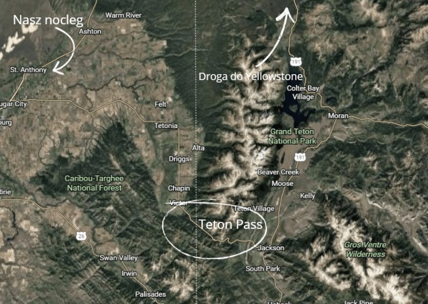 Mapa dojazdu przez Teton Pass do Grand Teton National Park z noclegiem w St. Anthony.